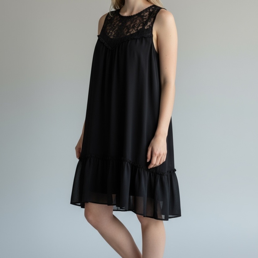 Max Studio Black Chiffon Midi Dress – Size L – Lace Neckline, Flowy Fit